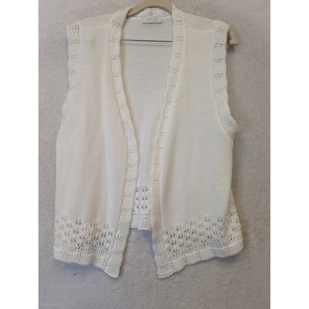 AMBER Women's‎ Size M White Vest Cardigan Knit Sleeveless Open Front